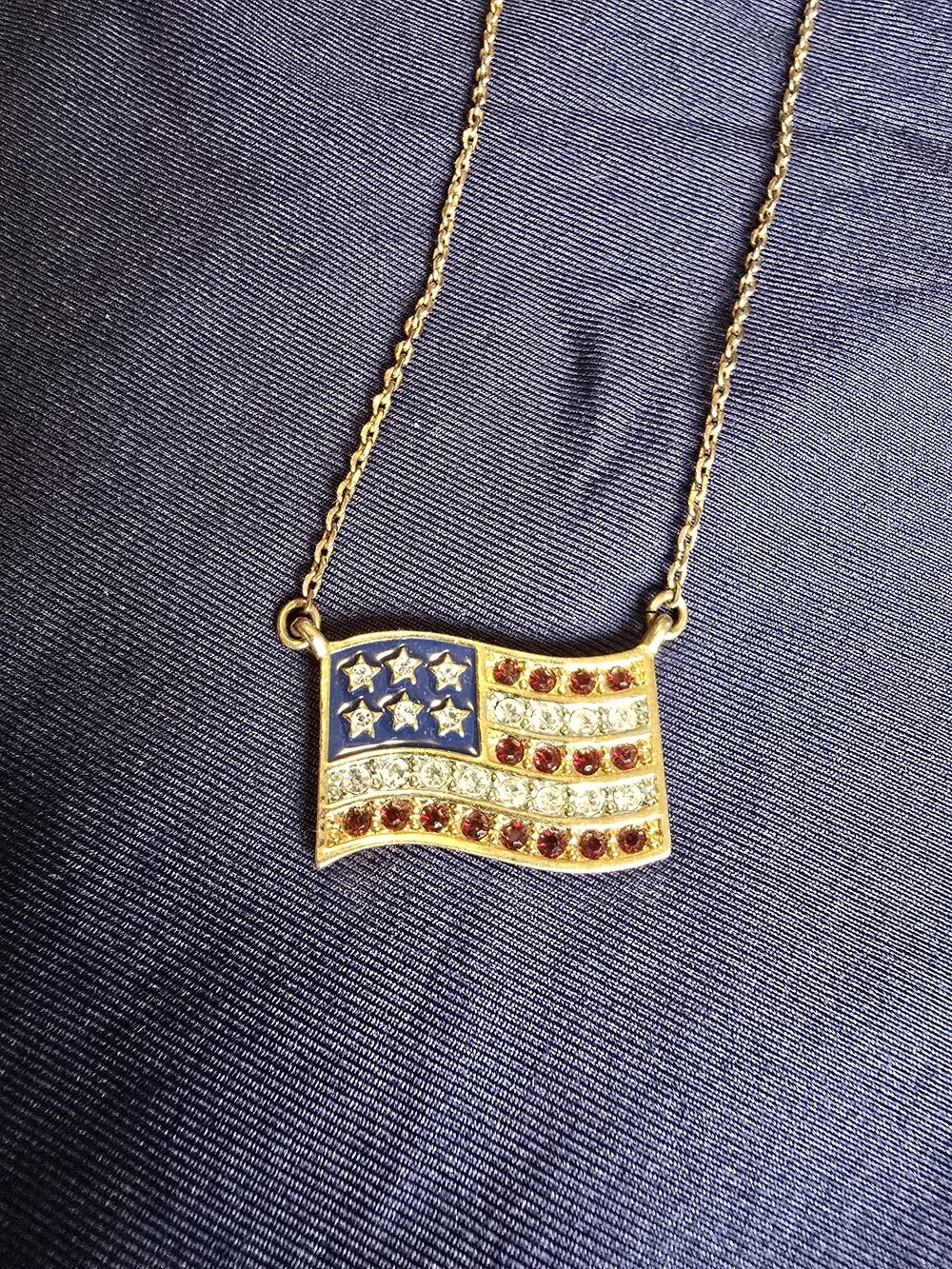 Vintage Avon Patriotic Flag Pendant Necklace with Red, White & Blue Crystals